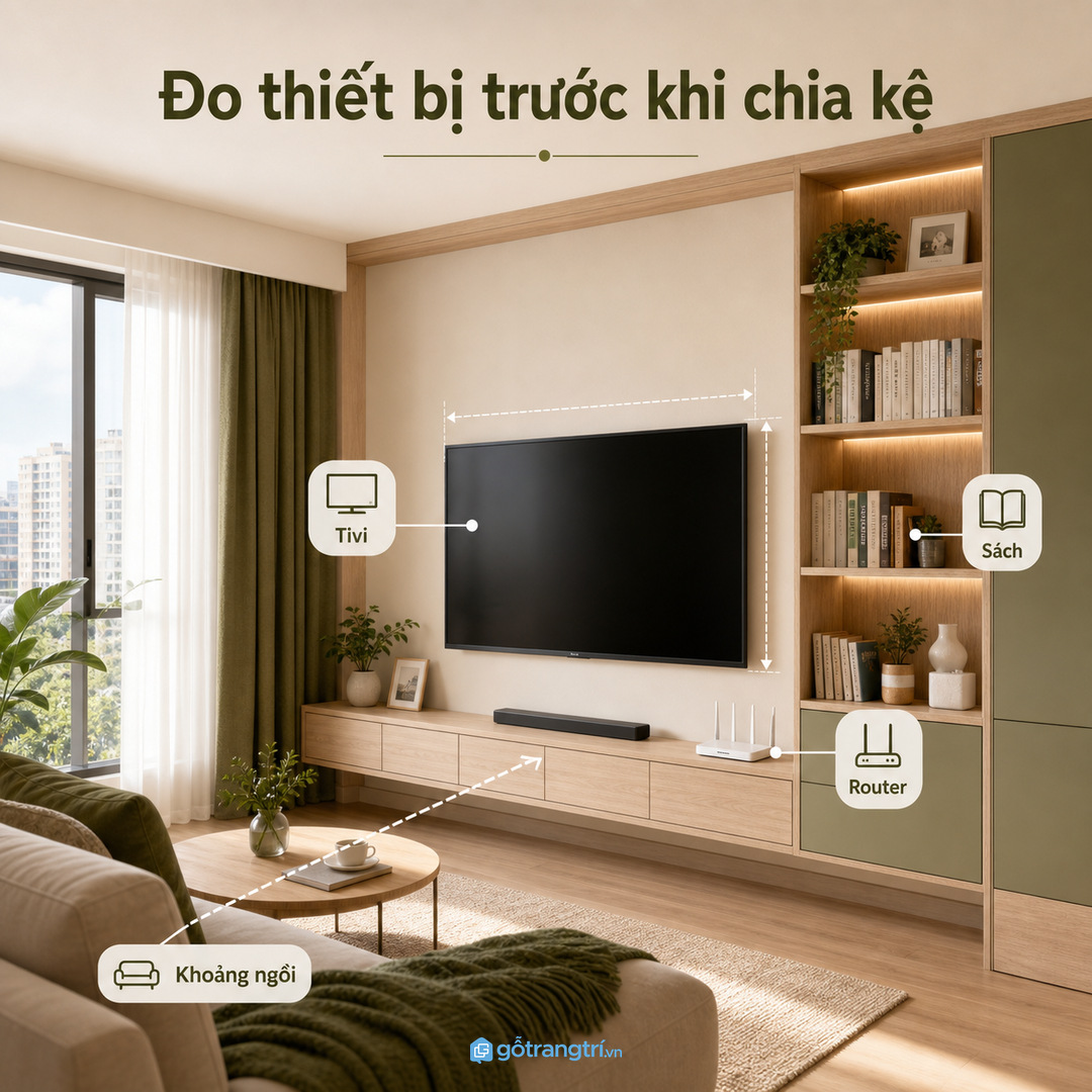 Đo khoảng cách xem tivi trước khi chia khoang sách