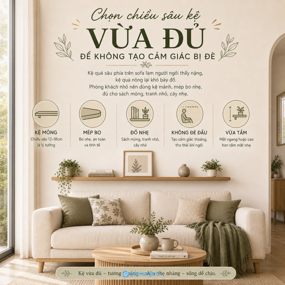 Chọn chiều sâu kệ vừa đủ để an toàn trên khu sofa