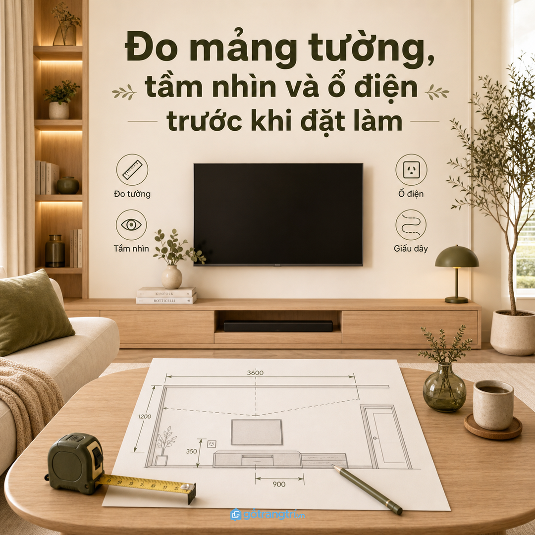 Đo tường, tầm nhìn và ổ điện trước khi đặt làm kệ TV