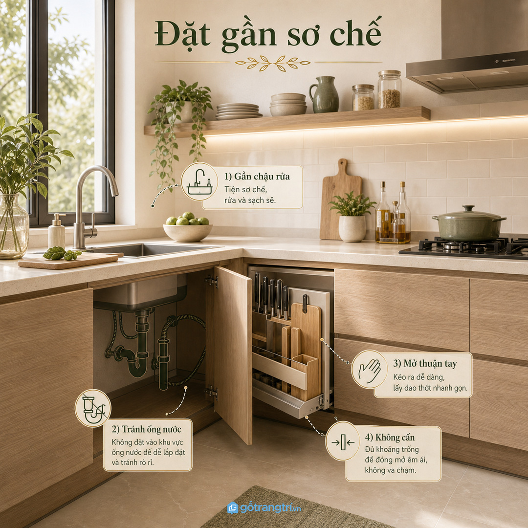 Khay dao thớt nên gần khu sơ chế nhưng tránh vướng ống nước