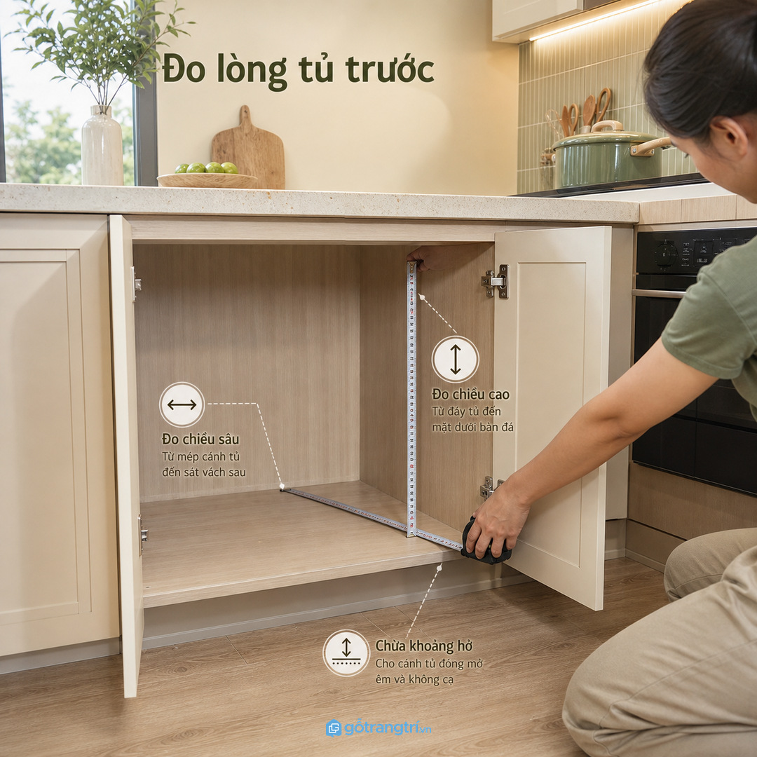 Đo lòng tủ dưới giúp chọn đúng chiều sâu ngăn kéo
