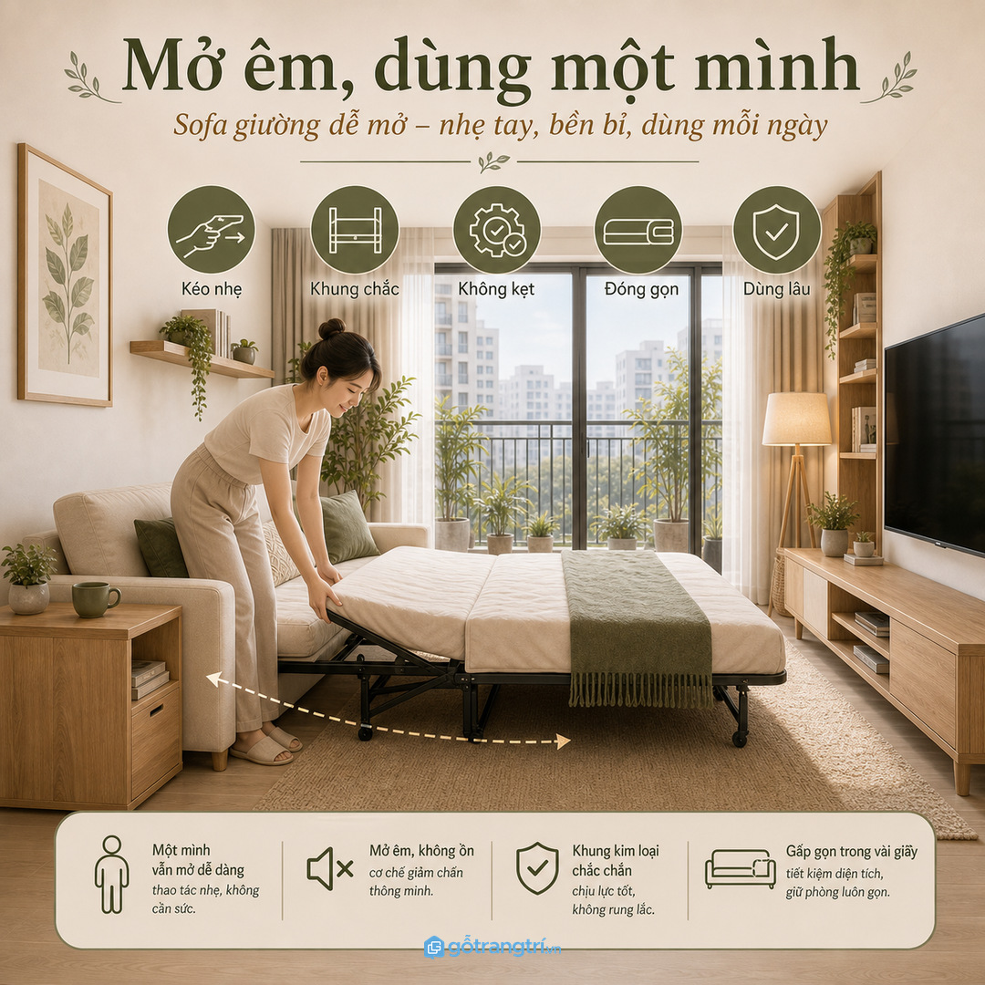 Tính kích thước sofa giường theo lối đi, bàn trà và kệ tivi