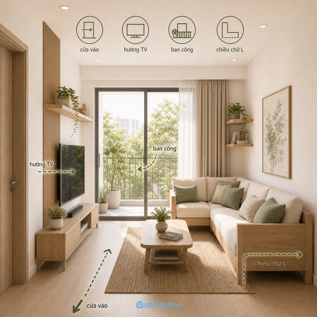 Chọn chiều trái hoặc phải của sofa theo cửa, ban công, cầu thang và hướng TV