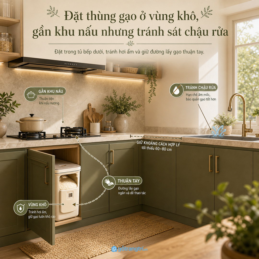 Vị trí thùng gạo nên ở vùng khô, gần khu nấu và tránh sát chậu rửa