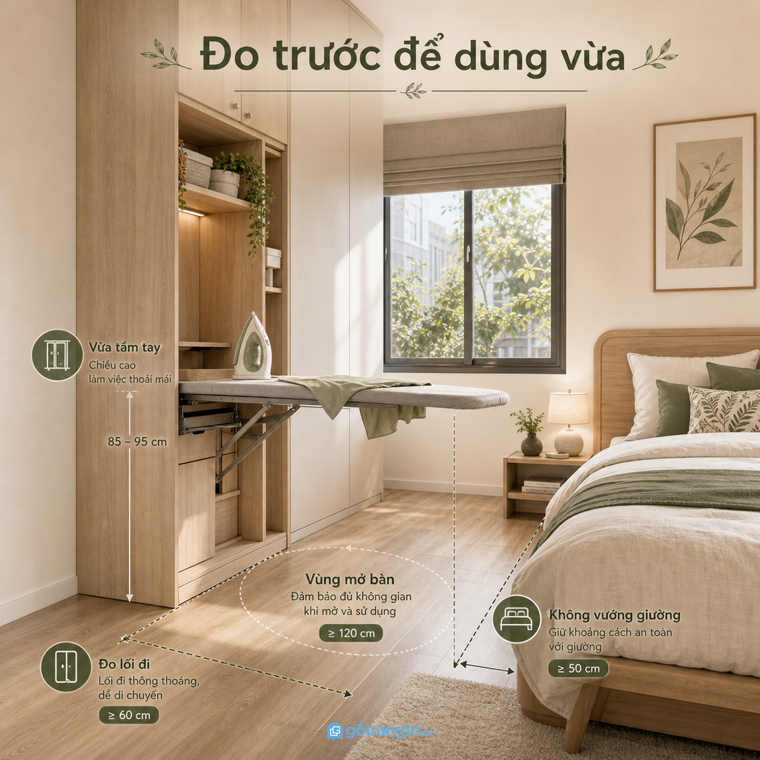 Đo lối đi và vùng mở bàn trước khi chốt bản vẽ tủ