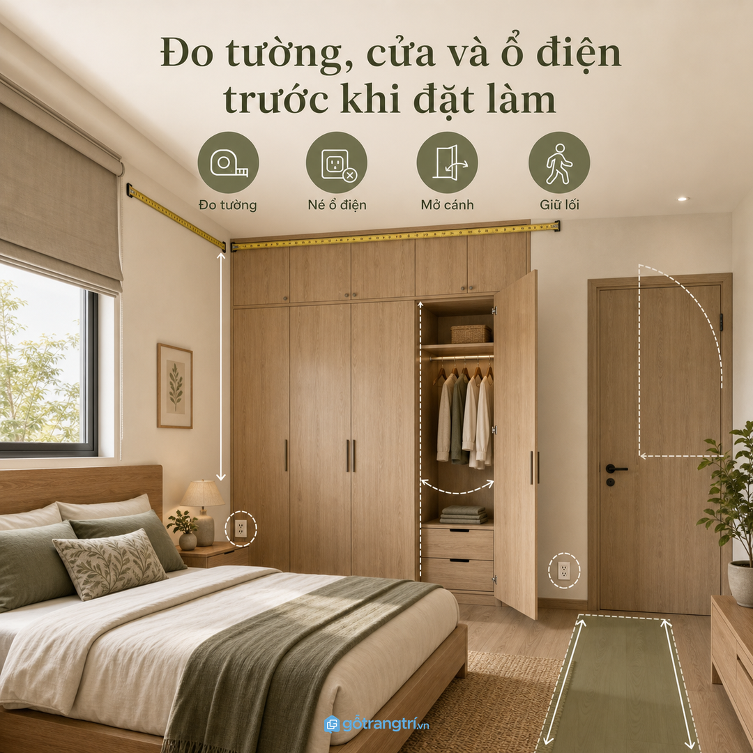 Đo tường, cửa và ổ điện trước khi đặt làm tủ áo