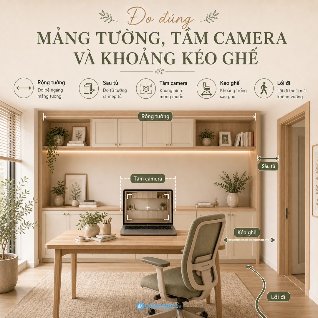 Đo đúng mảng tường, tầm camera và khoảng kéo ghế