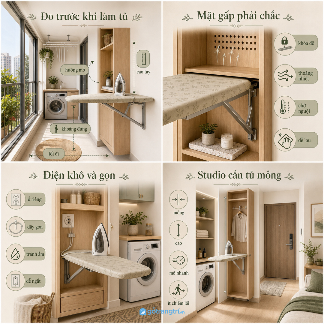 Đo chiều cao thao tác, hướng mở mặt gấp và khoảng đứng trước khi làm tủ