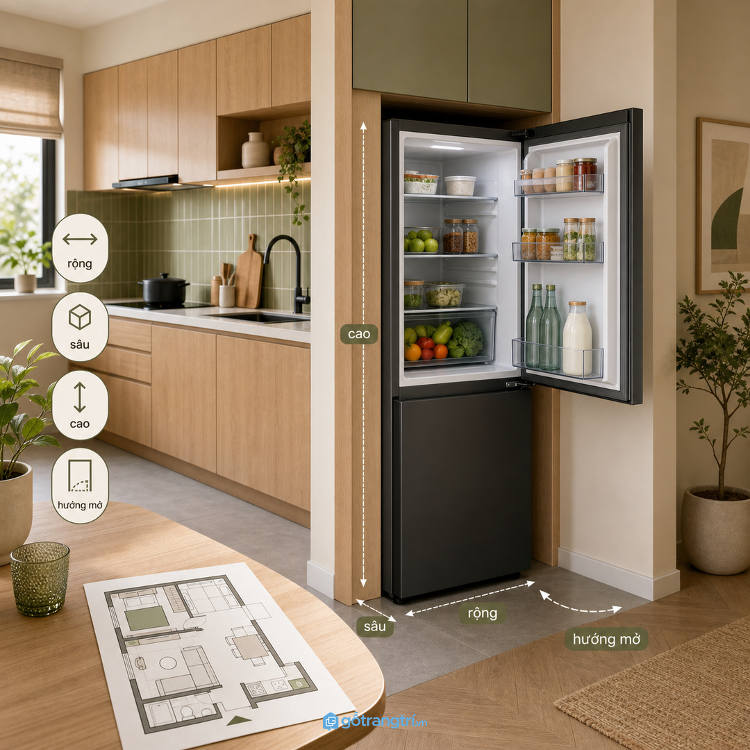 Đo đúng kích thước tủ lạnh và hướng mở cửa trước khi lên bản vẽ