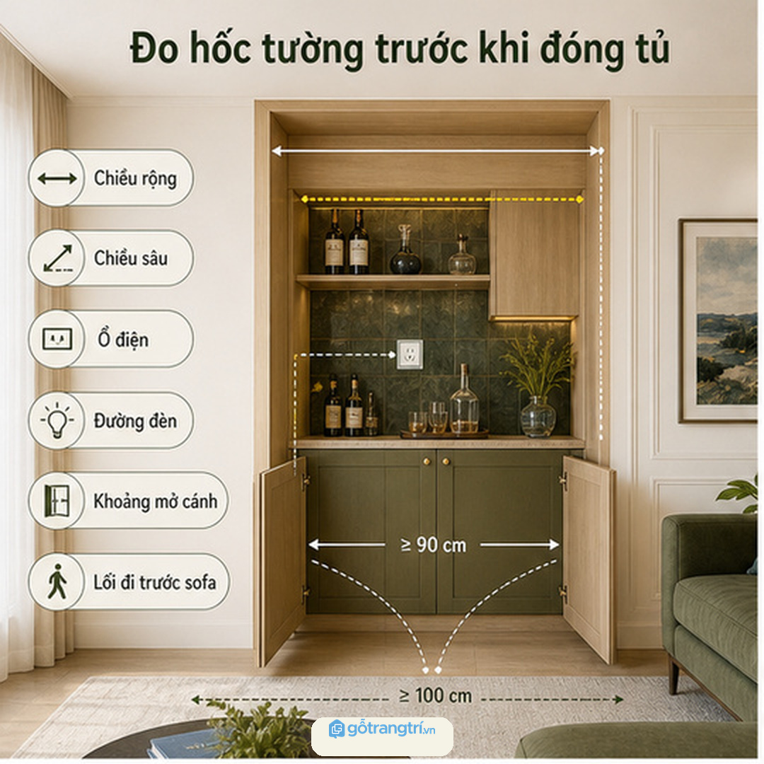 Đo hốc tường, ổ điện, đèn và lối đi trước khi đóng tủ bar khô
