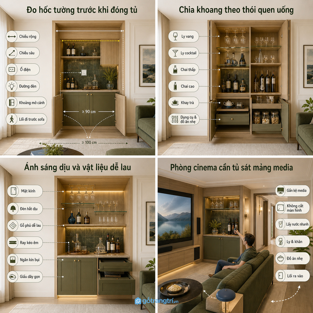 Đo hốc tường, ổ điện, đèn và lối đi trước khi đóng tủ bar khô