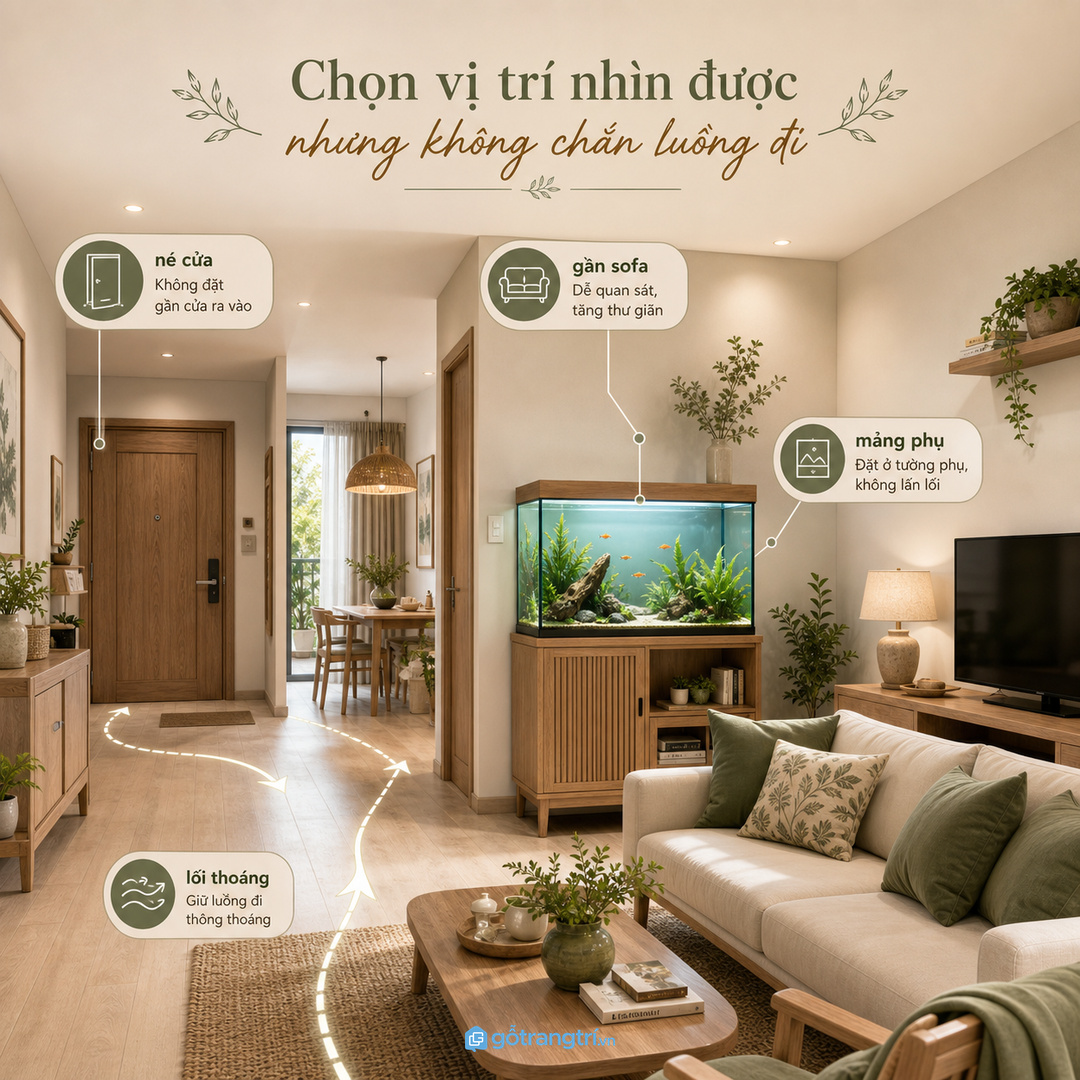Vị trí bể cá không nên chắn lối đi từ sofa, cửa chính hoặc kệ tivi