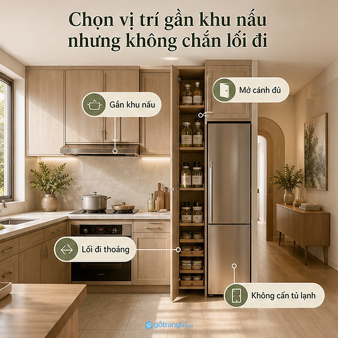 Tủ bếp cao kịch trần nên gần khu nấu nhưng không làm vướng lối đi