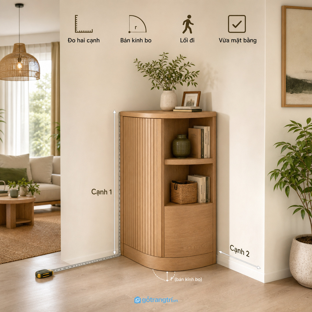 Đo góc tường và bán kính bo trước khi chọn kiểu tủ