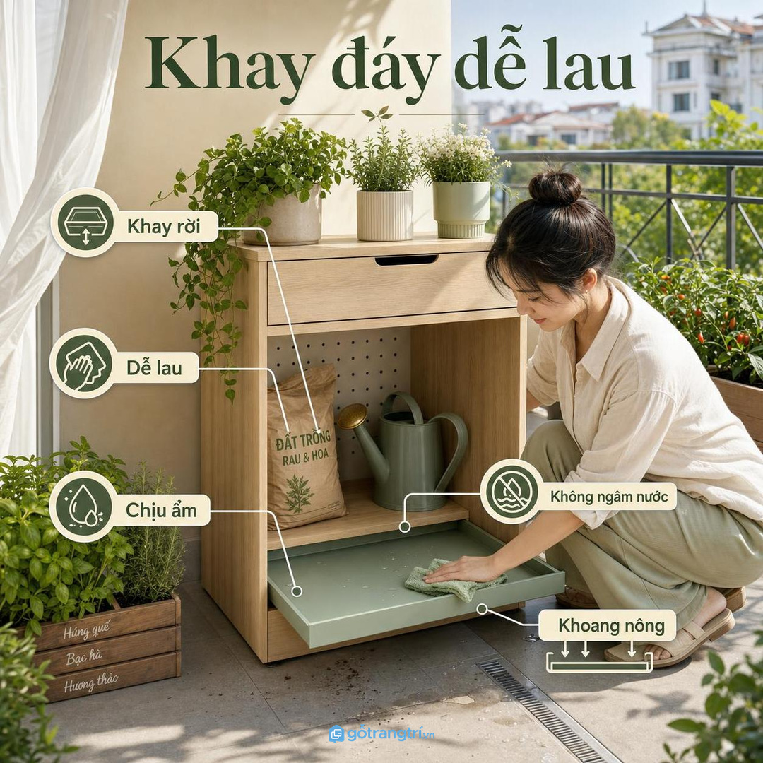 Đo bình tưới, bao đất, chậu phụ và chiều sâu ban công trước khi đặt tủ