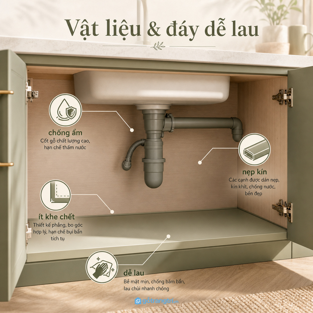 Ưu tiên vật liệu, cạnh tủ và đáy tủ dễ lau