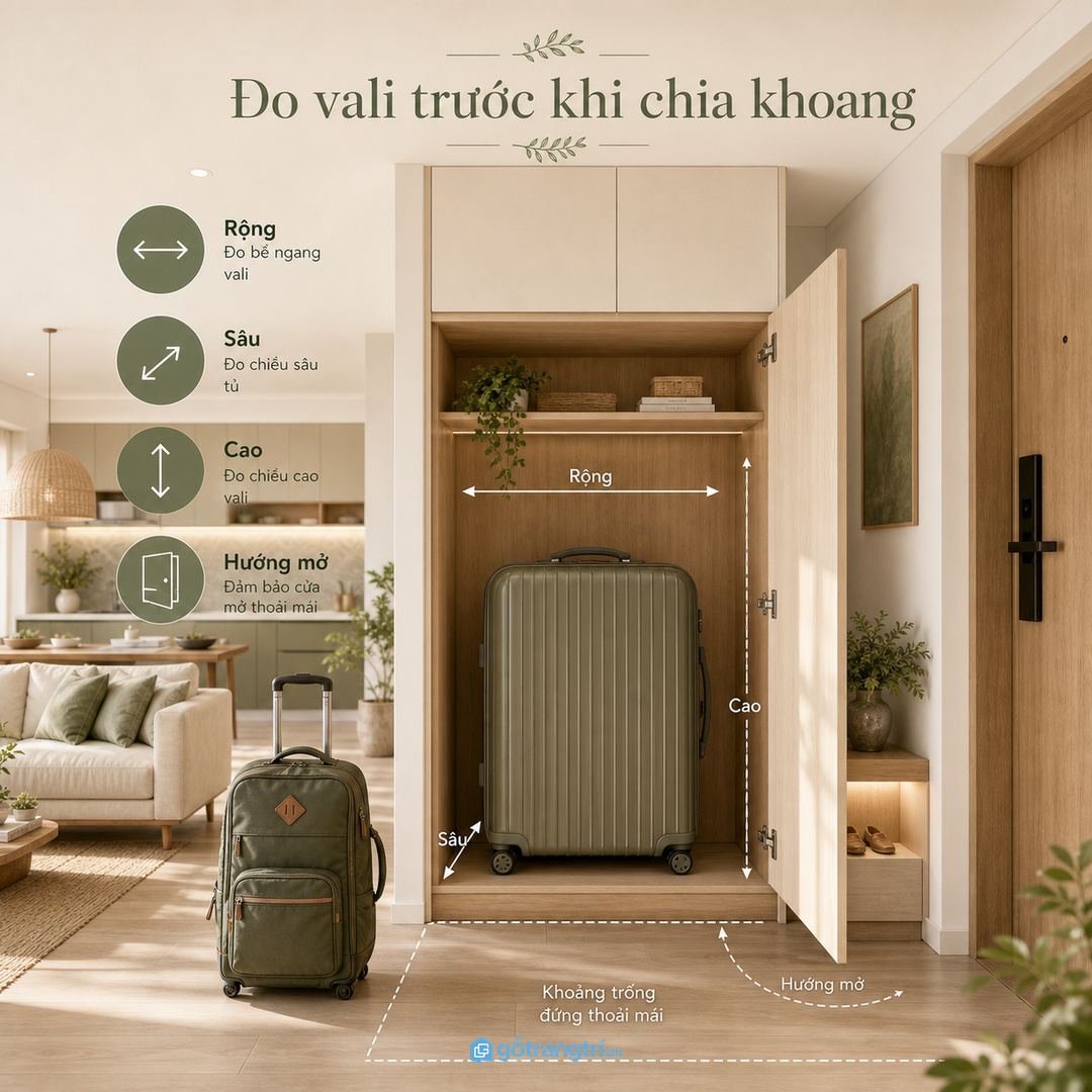 Đo vali lớn nhất và khoảng kéo ra trước khi chia khoang tủ