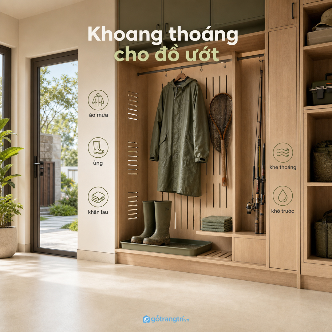 Áo mưa, ủng và khăn lau cần khoang thoáng để khô trước khi cất kín