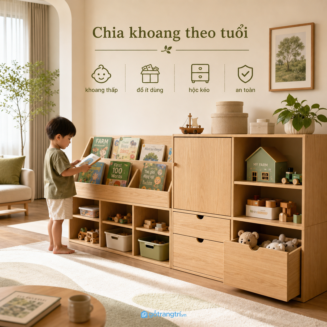 Chia khoang tủ đồ chơi theo tuổi và tần suất sử dụng