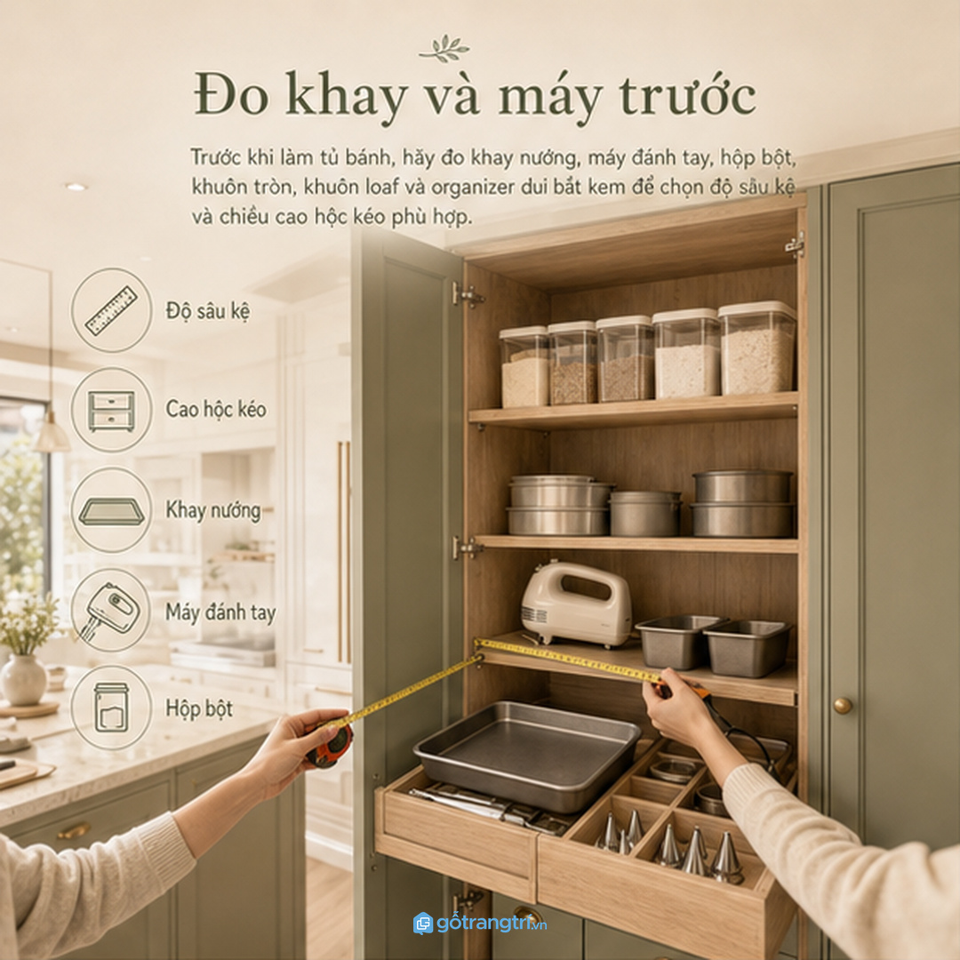 Đo máy đánh trứng, khay nướng và hộp bột trước khi chốt kích thước tủ