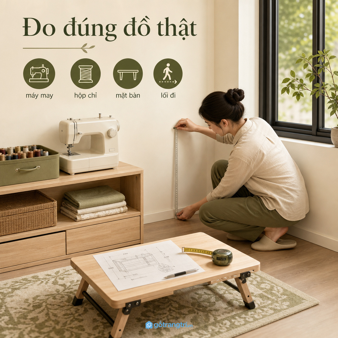 Đo máy may mini, hộp chỉ và mặt bàn thao tác trước khi đặt làm tủ