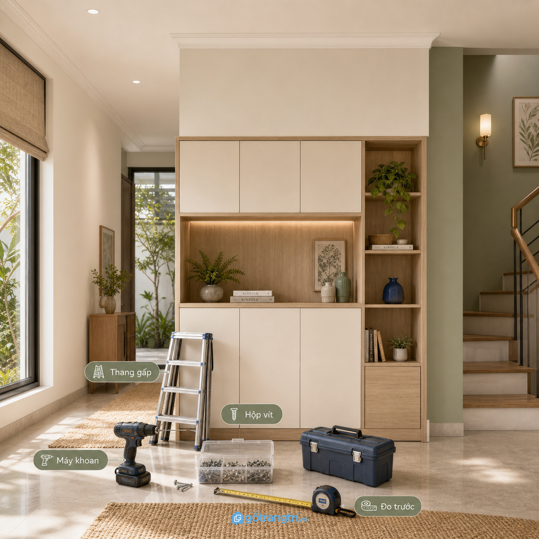 Đo máy khoan, thang gấp, hộp vít và thùng đồ trước khi chia khoang tủ.