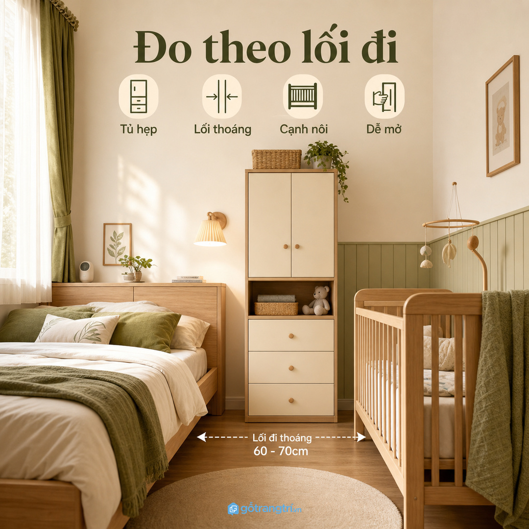 Đo theo lối đi để tủ không làm vướng giường và nôi
