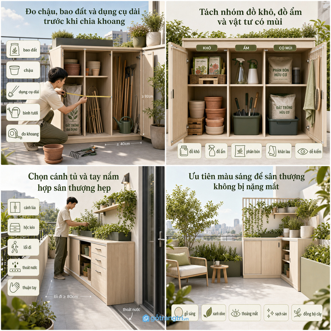 Đo chậu, bao đất và dụng cụ dài trước khi chia khoang