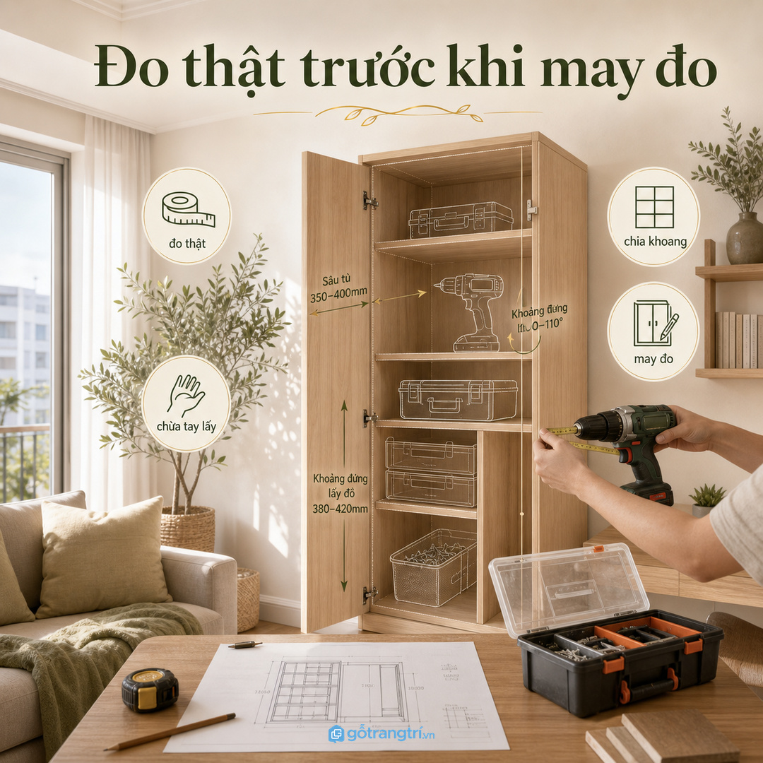 Đo máy khoan, hộp đồ nghề và khoảng mở cánh trước khi đặt làm