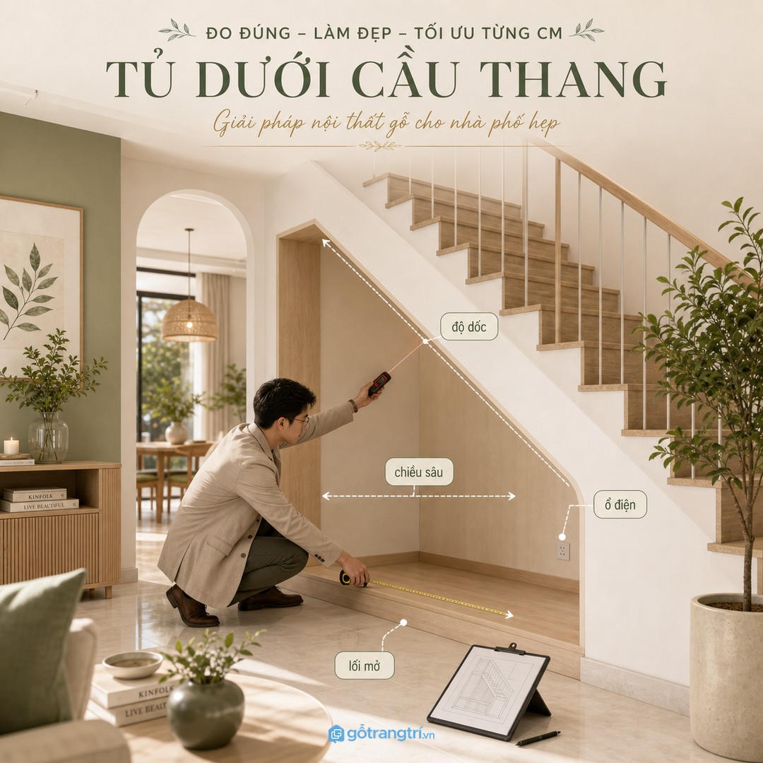 Đo hốc, độ dốc và điểm kỹ thuật trước khi chia module tủ dưới cầu thang