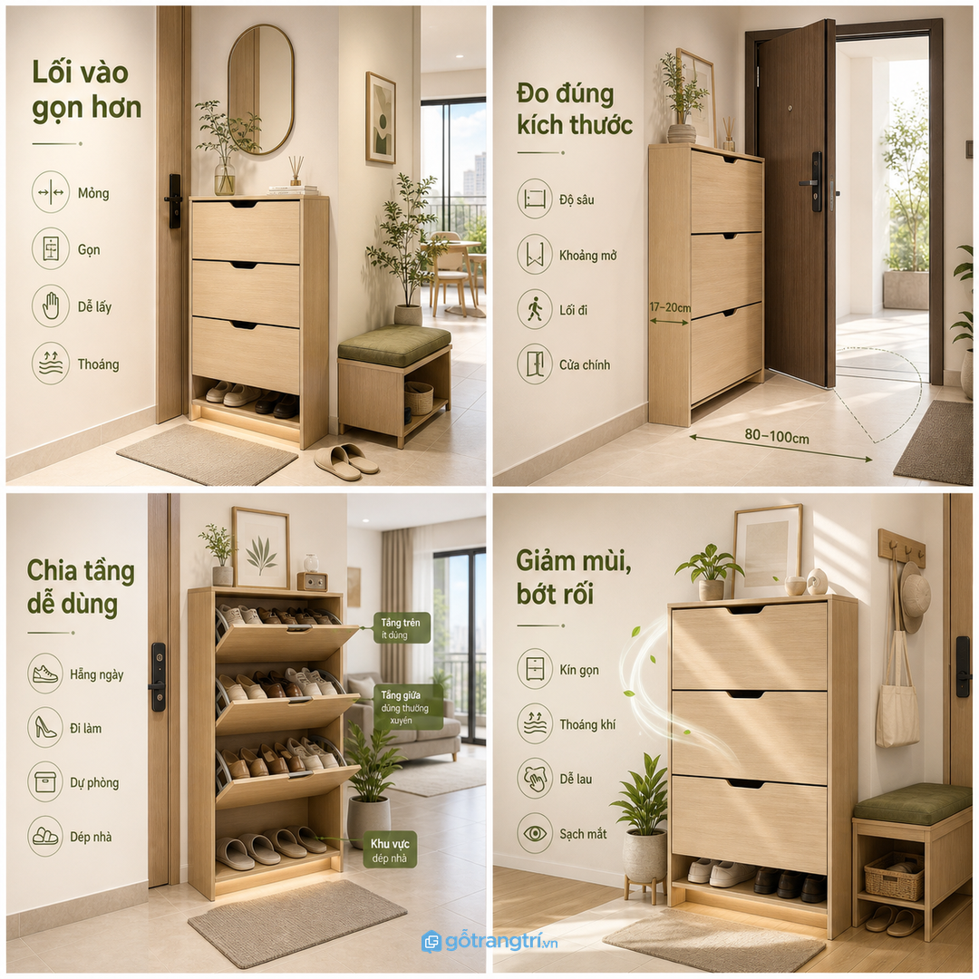 Đo đúng độ sâu và khoảng mở trước khi làm tủ giày ghế ngồi