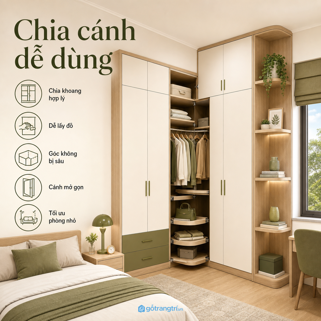 Chia cánh tủ góc chữ L dễ dùng