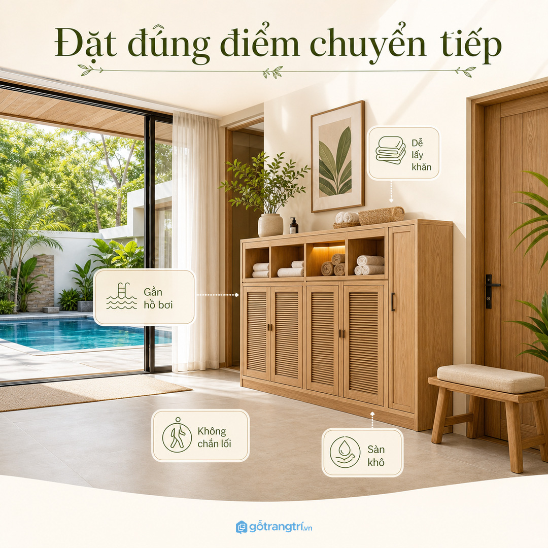 Biệt thự có hồ bơi nhỏ nên dùng tủ mảnh, thoáng và chia khoang rõ