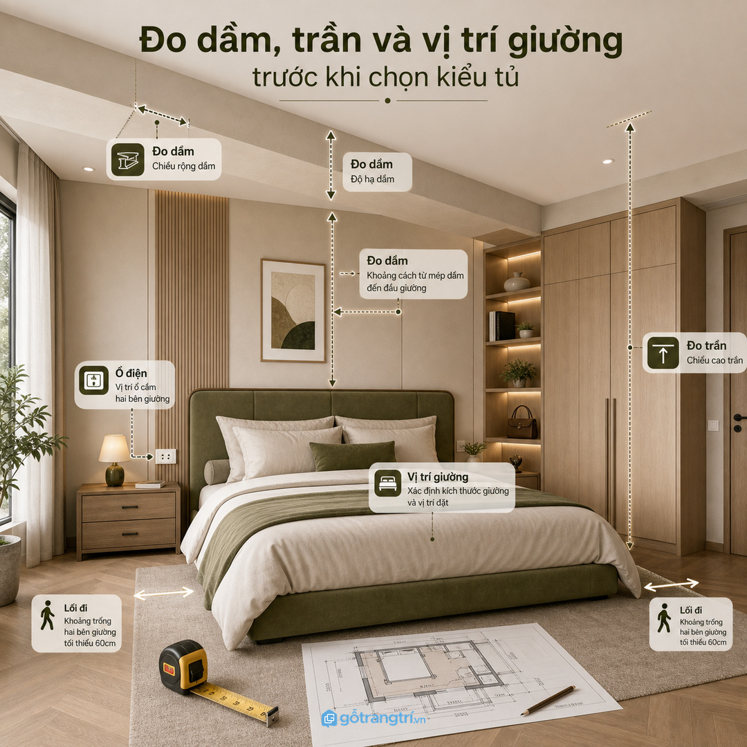 Đo dầm, trần, ổ điện và khoảng mở trước khi lên hệ tủ đầu giường