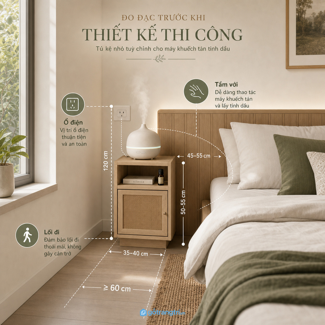 Đo vị trí ổ điện, tầm với tay và lối đi trước khi làm