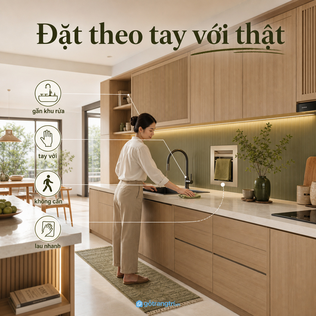 Đo vị trí treo khăn theo tay với và luồng nấu thật