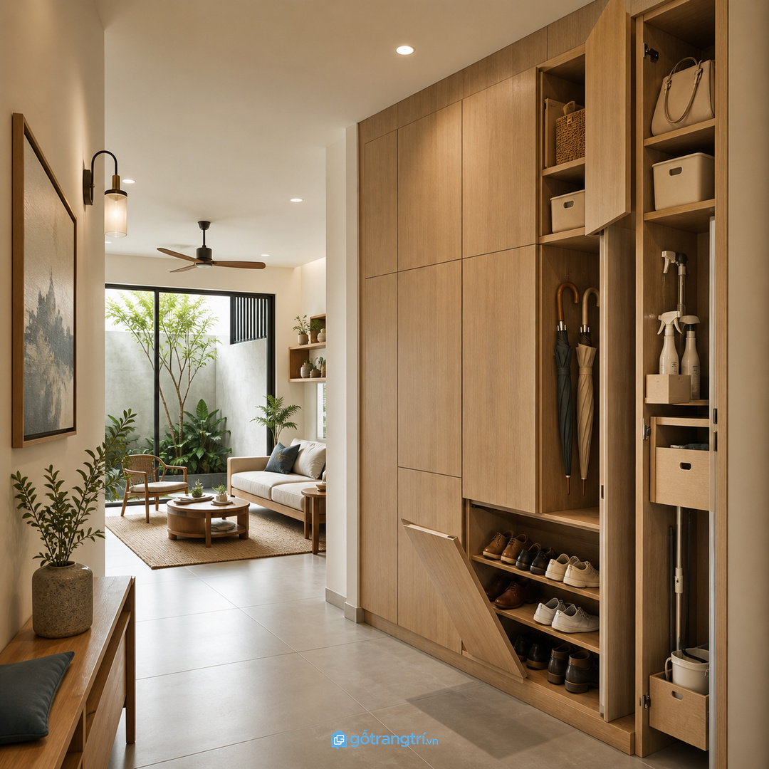 Cửa phẳng, tay nắm âm và màu đồng bộ giúp tủ kho không làm nặng nhà.