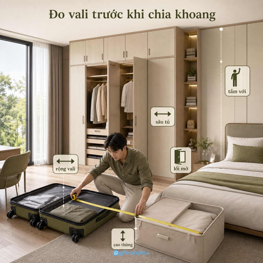 Đo vali, thùng đồ mùa và chiều cao với tay trước khi chia khoang