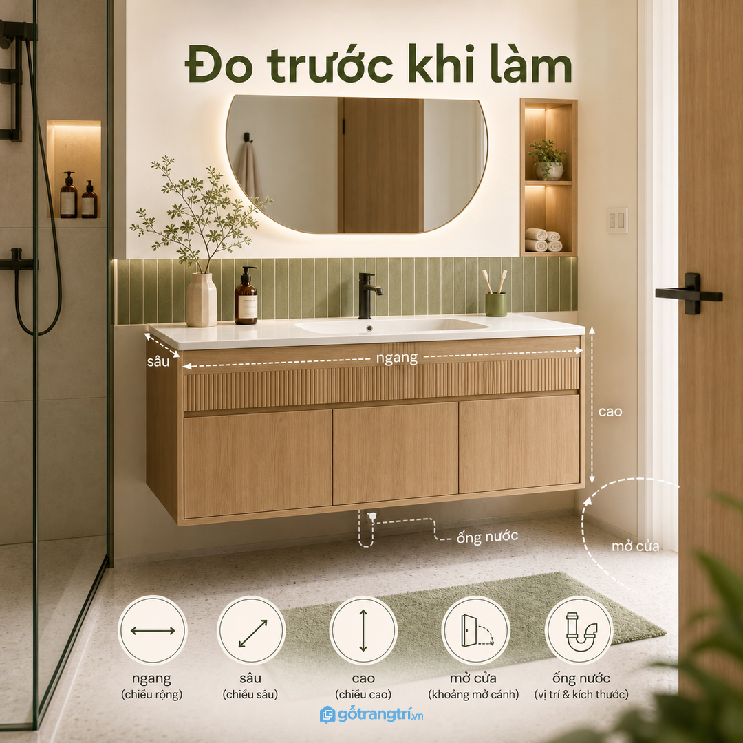 Đo đúng độ sâu và khoảng mở trước khi làm tủ lavabo treo tường