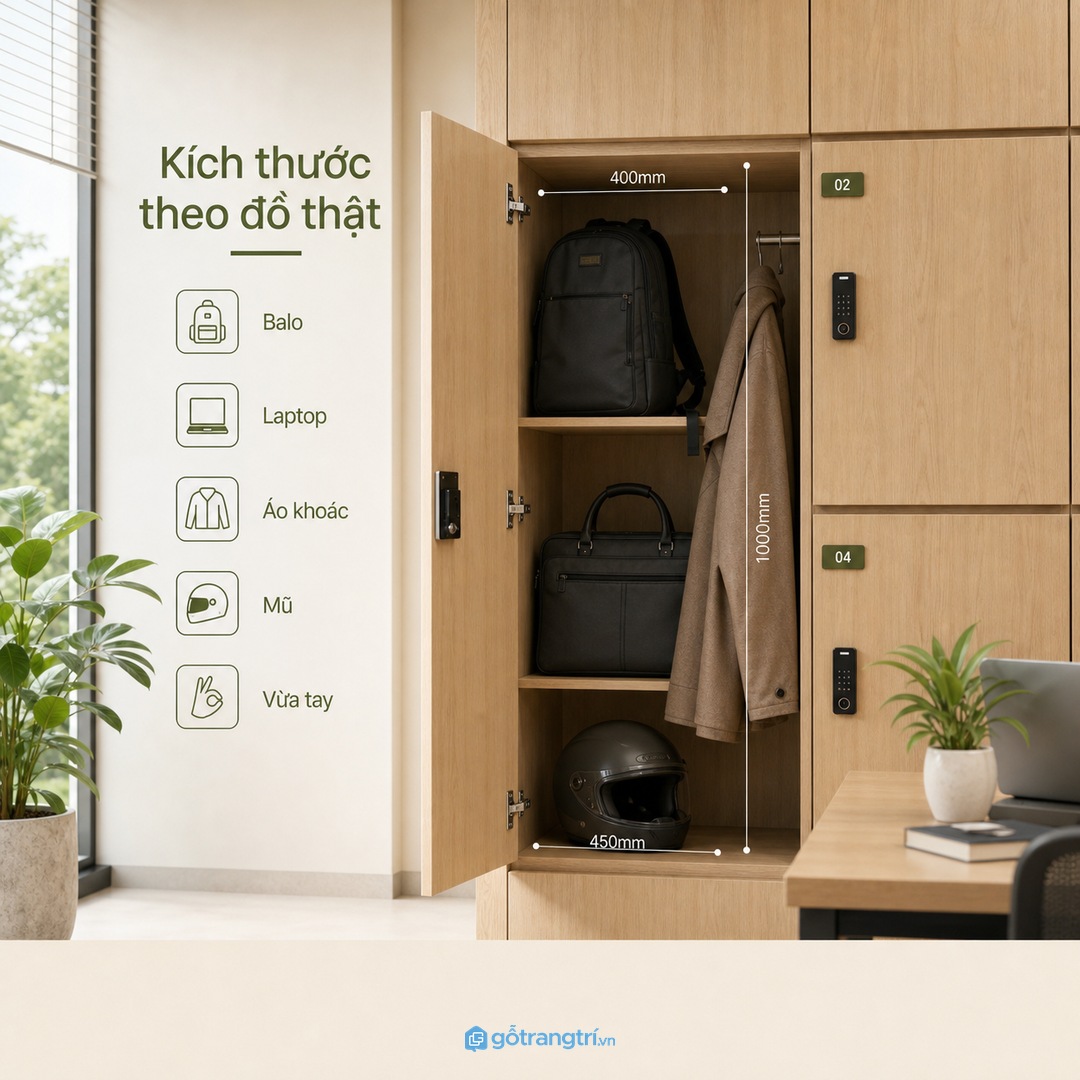 Kích thước locker cần theo đồ thật như balo, túi laptop, áo khoác và mũ bảo hiểm