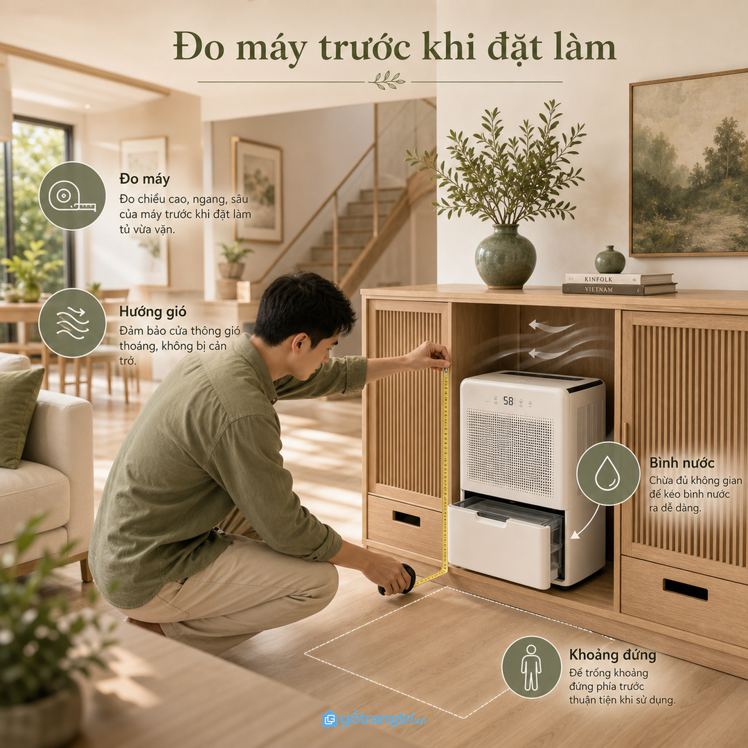 Đo kích thước máy, hướng gió và khoảng lấy bình nước trước khi đặt tủ