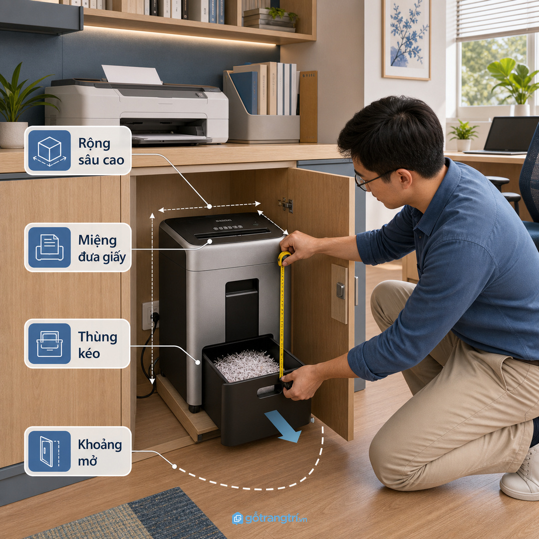 Đo máy hủy, thùng rác giấy và khoảng mở trước khi đặt tủ