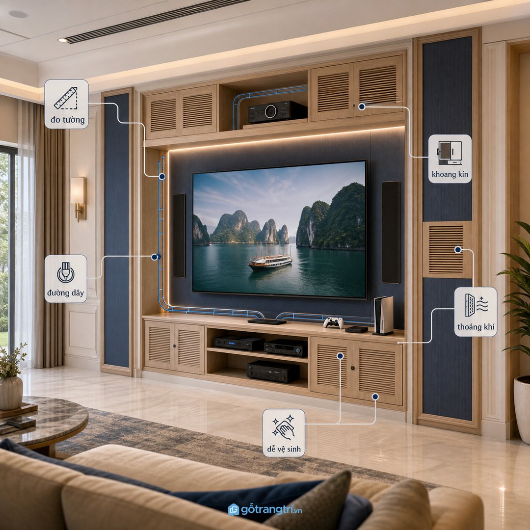 Đo tường, tầm mắt và khoảng cách sofa trước khi thiết kế tủ media