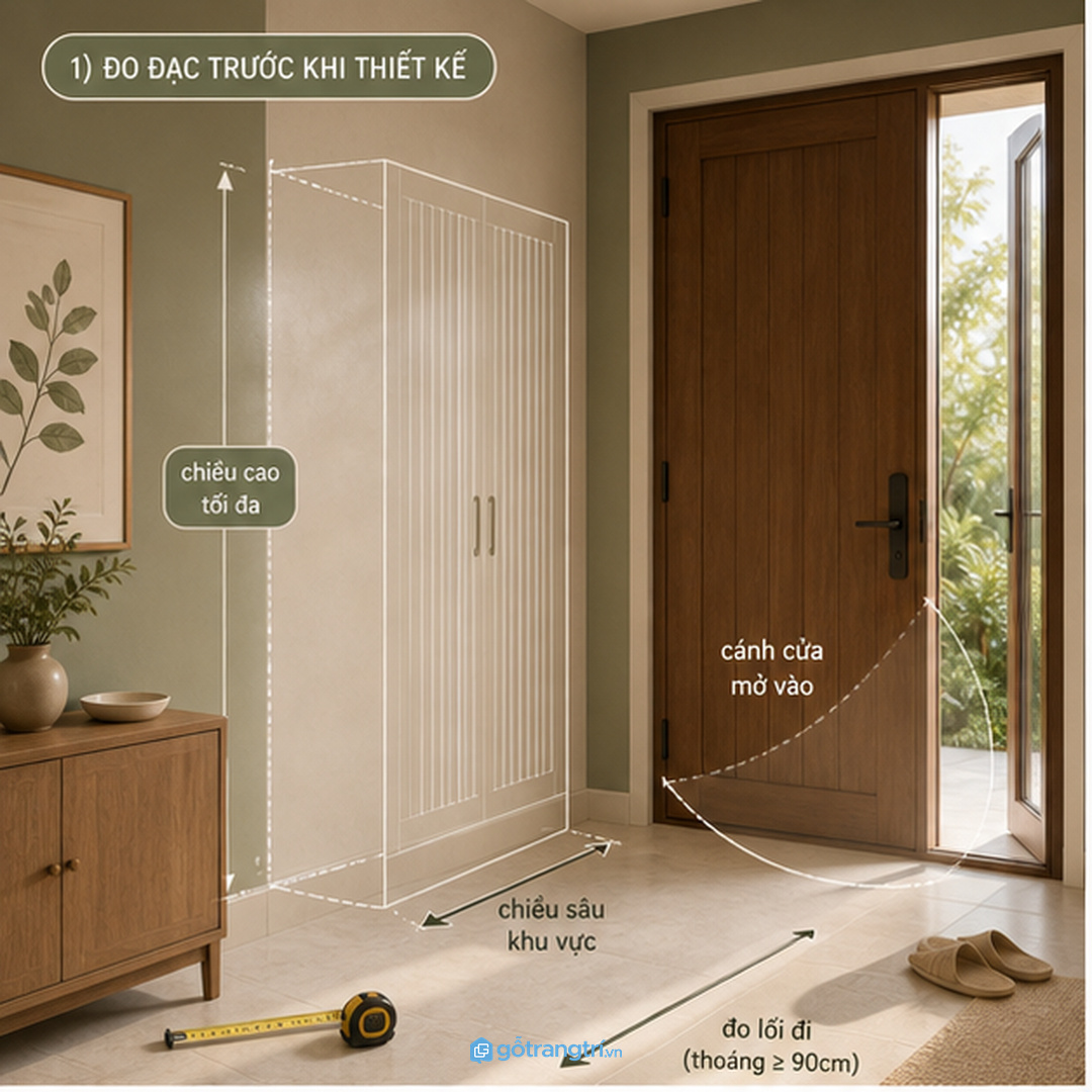 Đo chiều sâu lối vào và hướng mở cửa trước khi đặt tủ