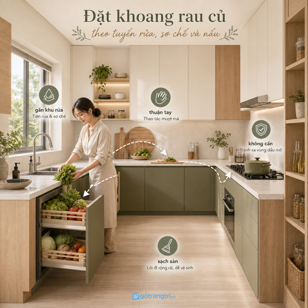 Đặt khoang rau củ theo tuyến rửa, sơ chế và nấu