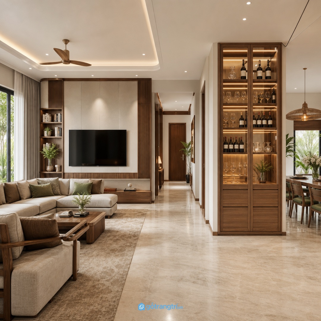 Vị trí tủ rượu nên đẹp ở nhiều góc nhìn và không cản luồng di chuyển