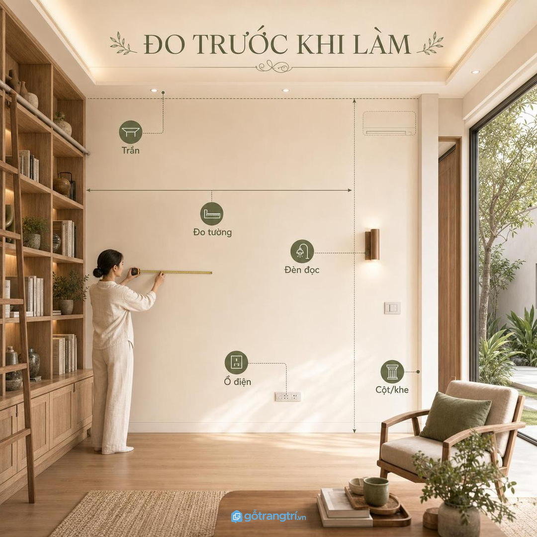 Đo tường, trần, ổ điện và ánh sáng trước khi chia module tủ sách