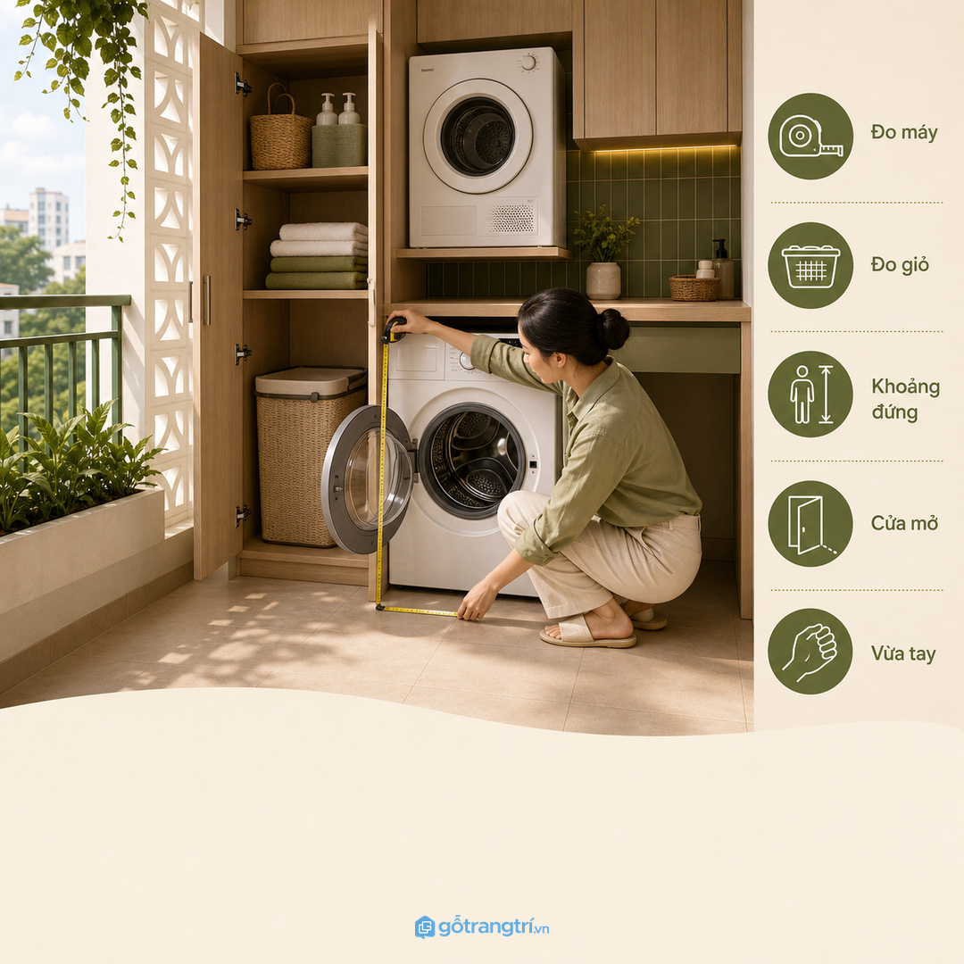 Đo máy sấy, giỏ đồ và lối đứng trước khi chia khoang