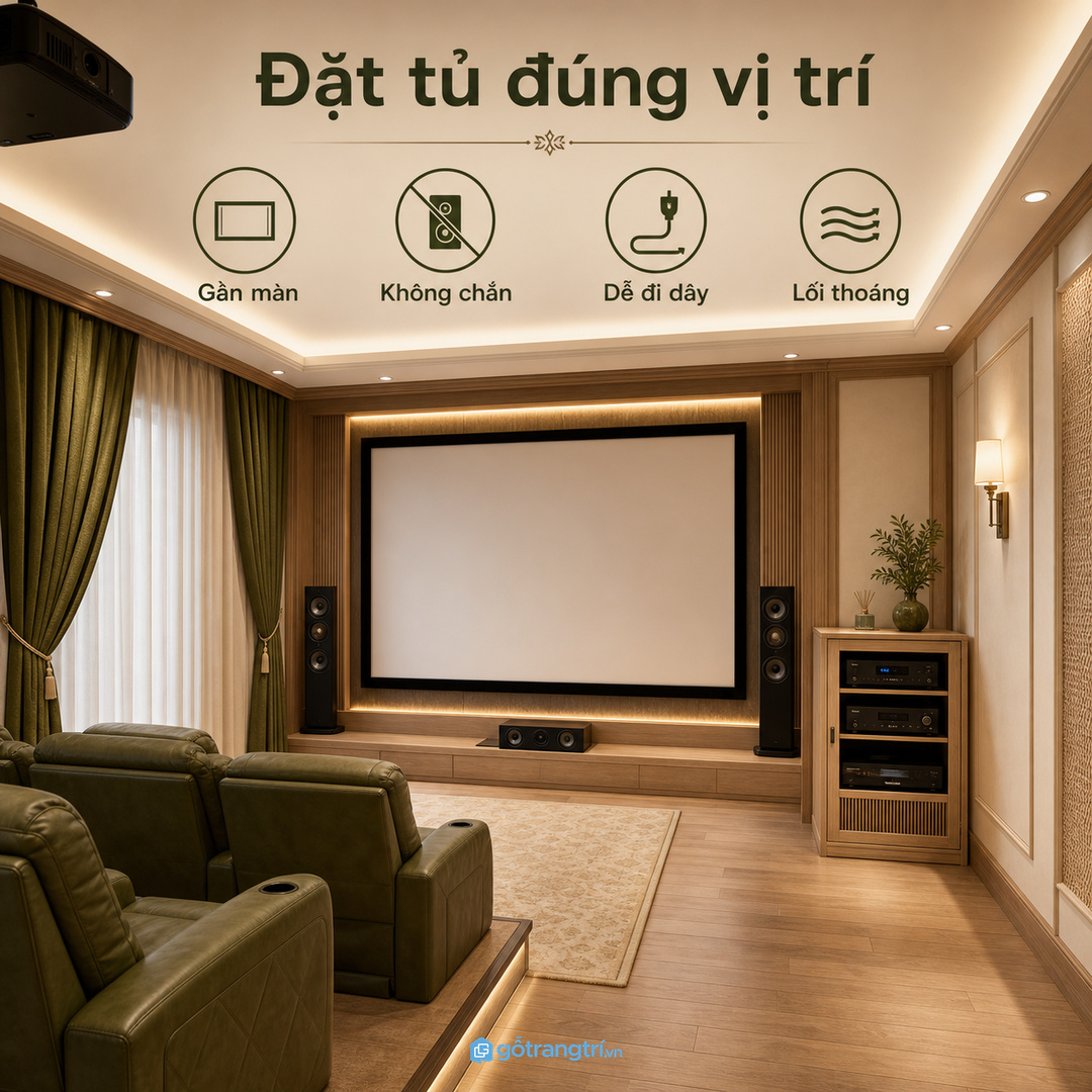 Tủ đặt sai vị trí có thể chắn loa, rèm hoặc lối đi trong phòng chiếu