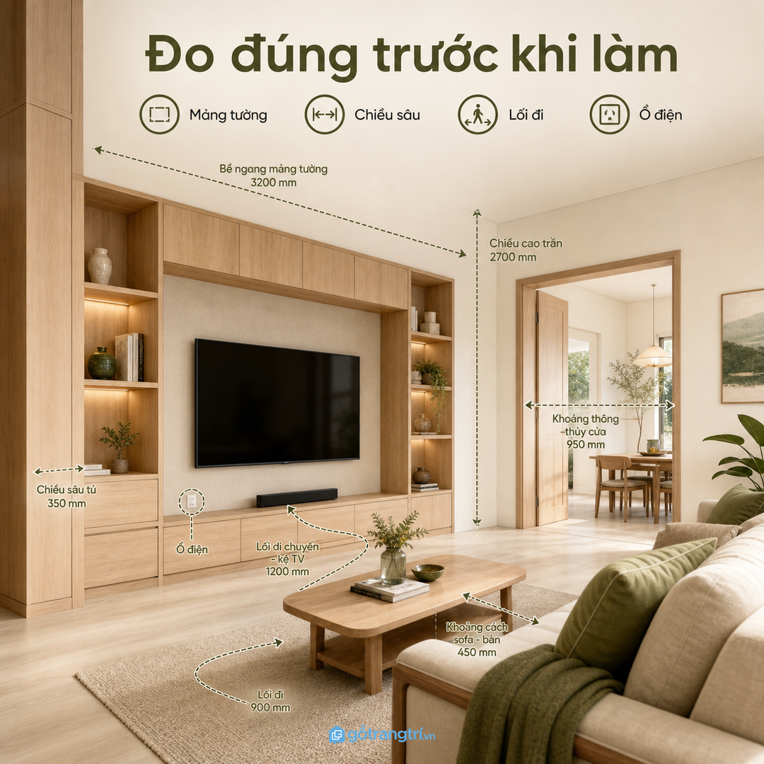 Đo mảng tường, chiều sâu tủ và lối đi trước khi đặt làm